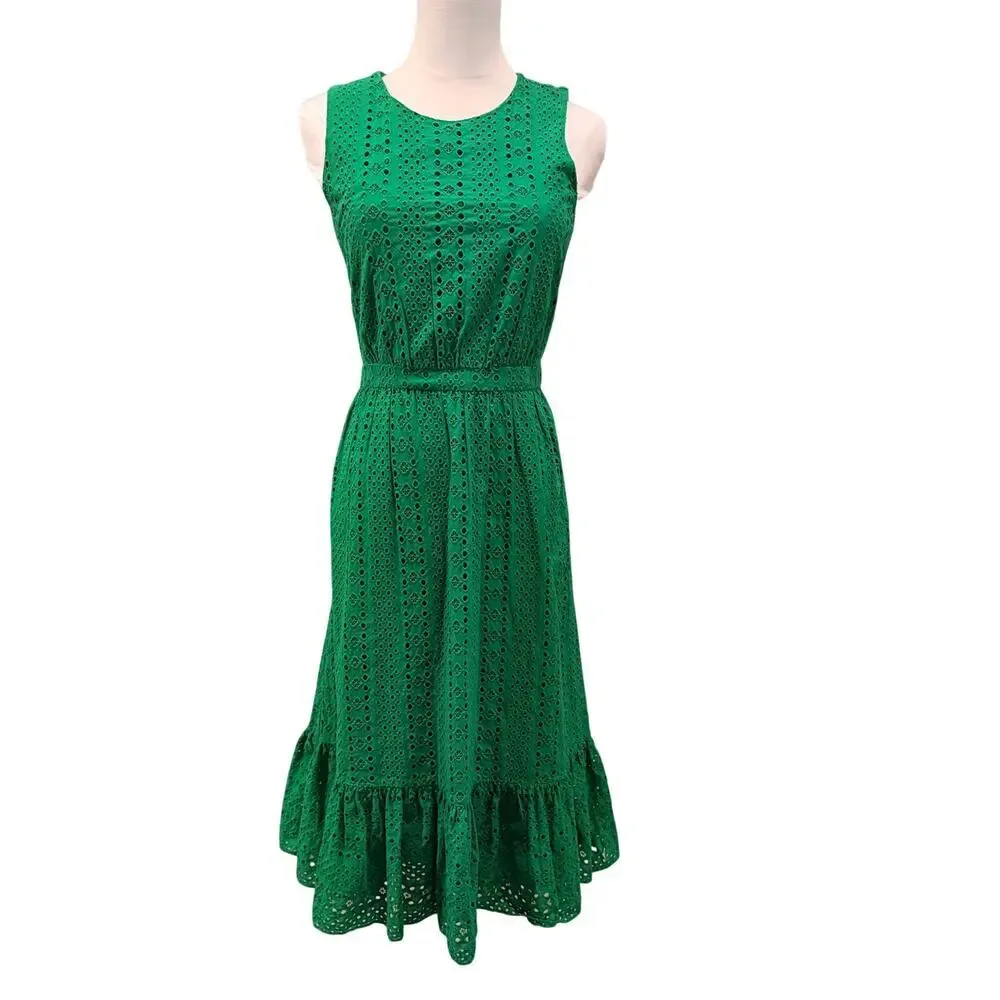 J.Crew Emerald Green Eyelet Midi Dress Ruffle Hem Resort Summer 100% Cotton 6 - Picture 2 of 10
